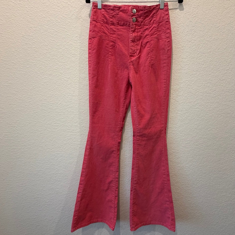 We The Free Jayde Cord High Rise Flare Pants Pink Corduroy Size 27 Boho 70s
